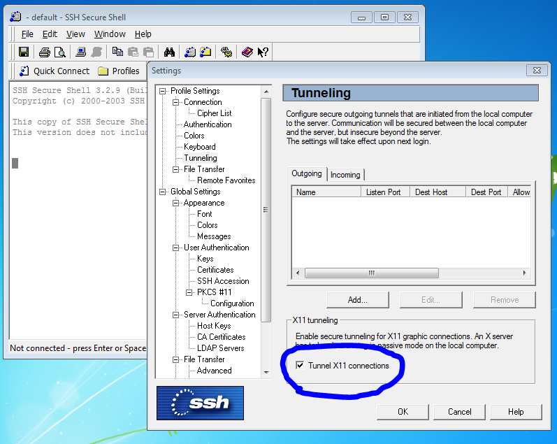 SSHSecureShellClient enable tunnelling X11